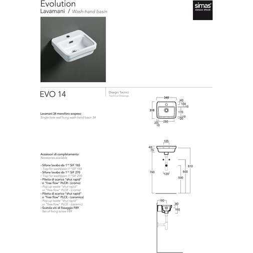 Lavamani 34x31 cm monoforo a sospensione ceramica bianca Evolution EVO14 Simas