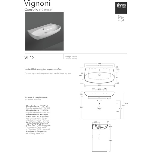 Lay-on or wall-hung ceramic washbasin, glossy white 100x52xh16 cm - Vignoni, Simas