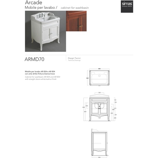 Meuble au sol avec portes droites style rétro pour vasque AR834 blanc - Arcade, Simas