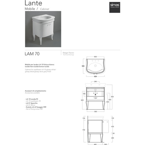 Meuble de style rétro LA10 pour lavabo à 2 portes, blanc brillant - Lante, Simas