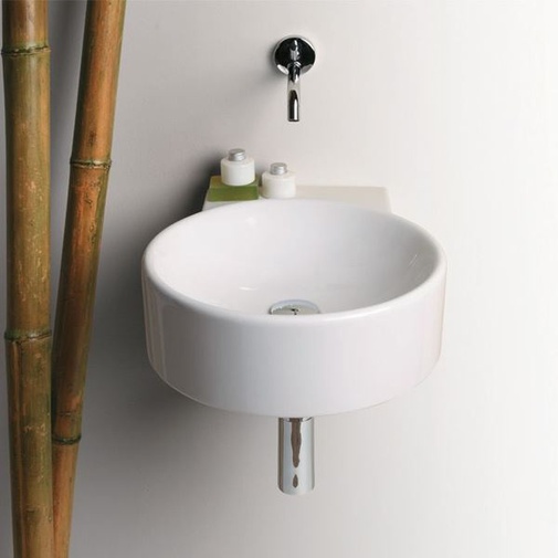 Minimal style round wall hung washbasin in white ceramic 40 cm - Flow, Simas