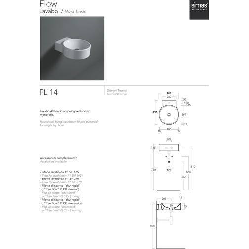 Minimal style round wall hung washbasin in white ceramic 40 cm - Flow, Simas