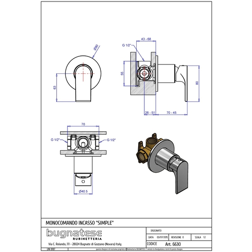 Miscelatore doccia cromato stile moderno da incasso - Simple, Rubinetteria Bugnatese