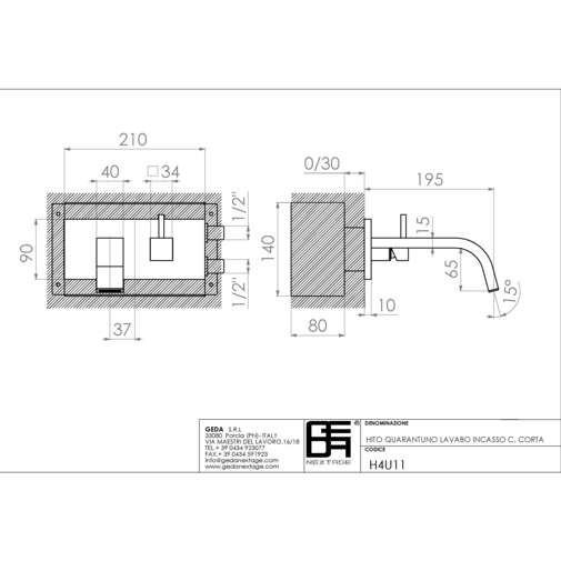 Miscelatore lavabo a muro da incasso cromato stile moderno canna da 19,5 cm - Hito Quarantuno, Geda