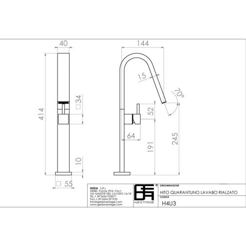 Miscelatore lavabo alto senza salterello cromato stile moderno altezza 41,4 cm - Hito Quarantuno, Geda