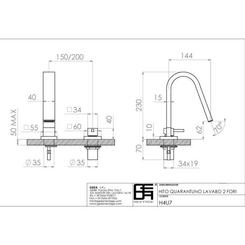 Miscelatore lavabo completo di bocca d'erogazione cromato 2 fori - Hito Quarantuno, Geda