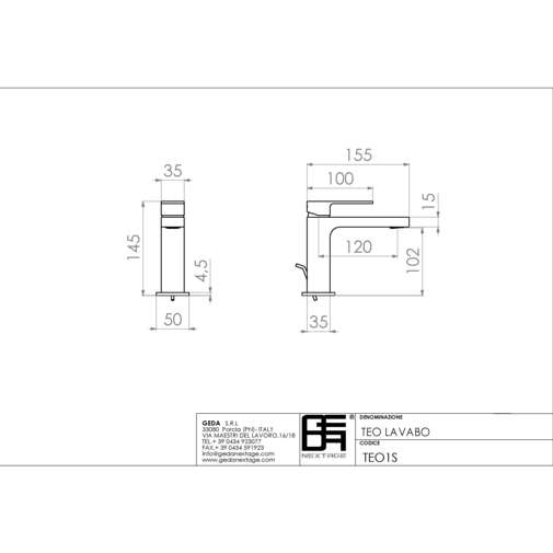 Miscelatore lavabo standard cromato stile moderno altezza 14.5 cm - Teo, Geda