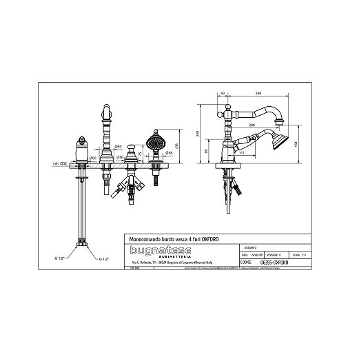 Mitigeur bain 4 trous : bec, mitigeur, inverseur, douchette Oxford 6355 Bugnatese