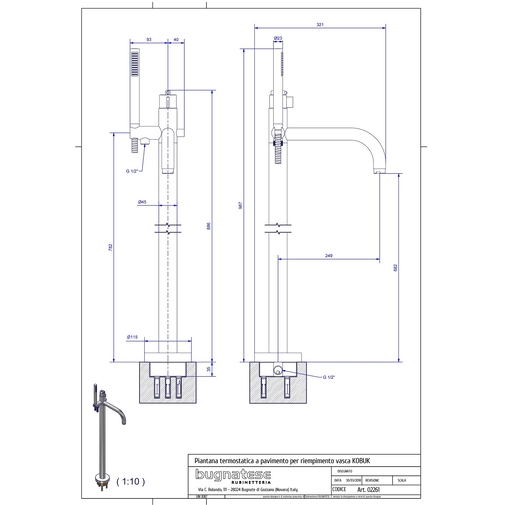 Mitigeur bain/douche thermostatique à fixation au sol: bec, douchette - Kobuk, Rubinetteria Bugnatese