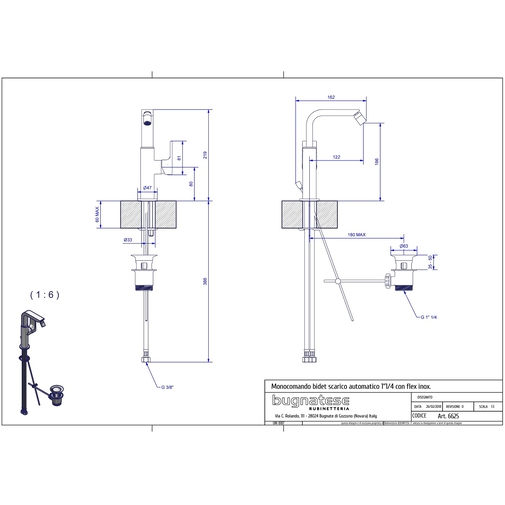 Mitigeur de bidet chromé avec bec haut pivotant de style moderne - Simple, Rubinetteria Bugnatese
