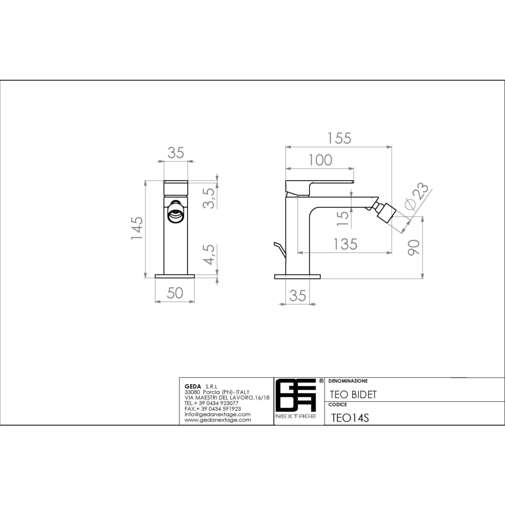 Mitigeur de bidet chromé avec vidage de style moderne - Teo, Geda