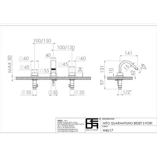 Mitigeur de bidet complet avec bec chromé à 3 trous - Hito Quarantuno, Geda