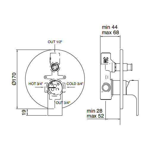 Mitigeur de douche design carré avec inverseur chromé - Bambou, Rubinetterie Treemme
