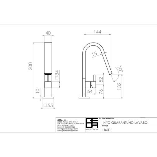 Mitigeur de lavabo chromé de style moderne sans bonde hauteur 30 cm - Hito Quarantuno, Geda