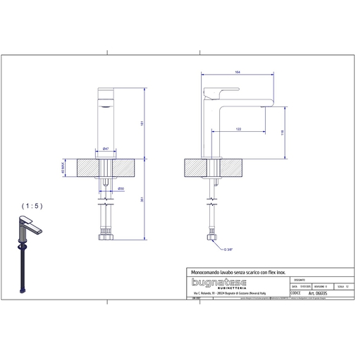 Mitigeur de lavabo chromé standard de style moderne sans bonde - Simple, Rubinetteria Bugnatese