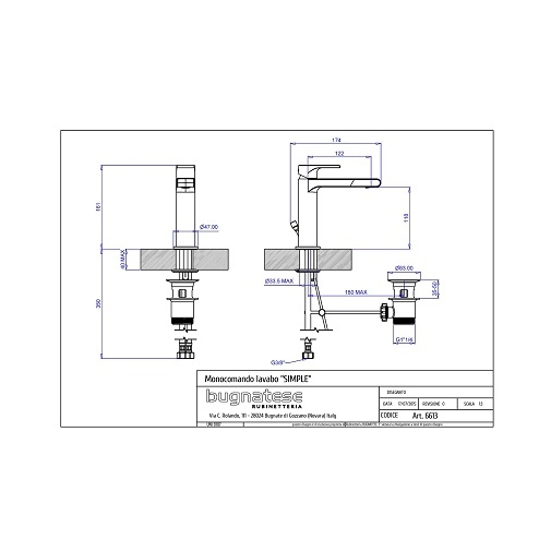 Mitigeur de lavabo en laiton chromé - Simple, Rubinetteria Bugnatese