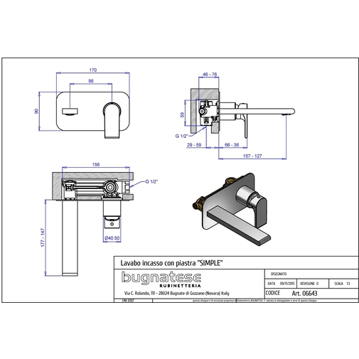 Mitigeur de lavabo mural chromé avec bec de 17,5 cm - Simple, Rubinetteria Bugnatese