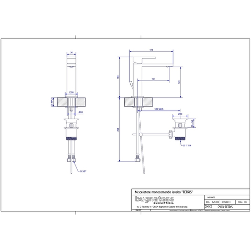Mitigeur lavabo carré avec vidage - Tetris Rubinetteria Bugnatese