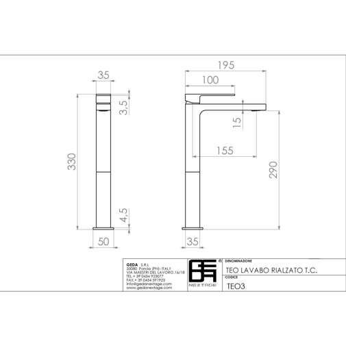 Mitigeur lavabo chromé haut de style moderne hauteur 33 cm - Teo, Geda