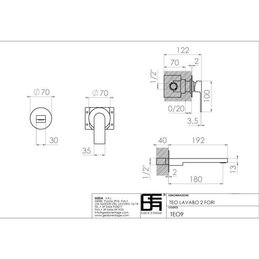 Mitigeur lavabo mural à encastrer avec bec chromé style moderne bec 18 cm - Teo, Geda