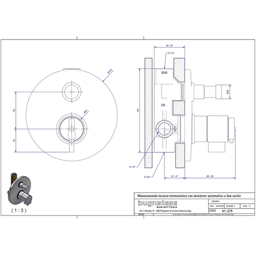 Mitigeur thermostatique bain ou douche à encastrer minimal - Kobuk, Rubinetteria Bugnatese