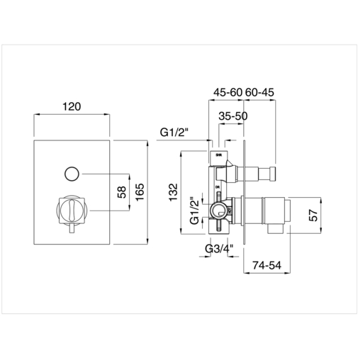 Mitigeur thermostatique de douche à encastrer carré de style moderne avec inverseur chromé - Tetris, Rubinetteria Bugnatese