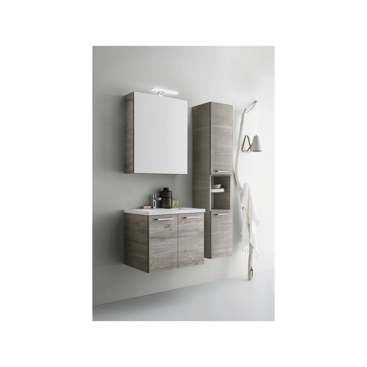 Mobiletto Con Lo Specchio.Composizione Da Bagno Completa Di Specchio Contenitore E Colonna Portaoggetti Color Legno Fume Home Arbi Arredobagno