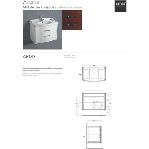 Mobile sospeso con cestone stile classico per lavabo AR864 colore bianco - Arcade, Simas