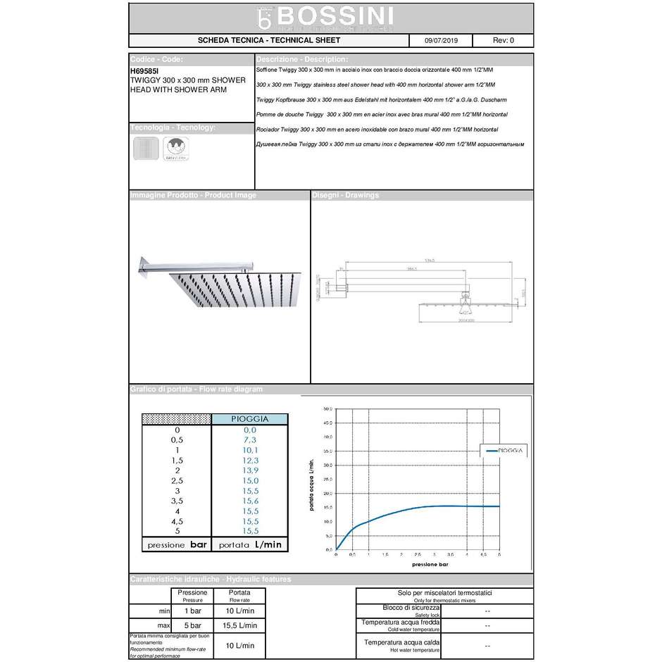Modern chrome shower head with anti-limestone, 30x30 cm square, thin, with 40 cm square arm - Twiggy, Bossini