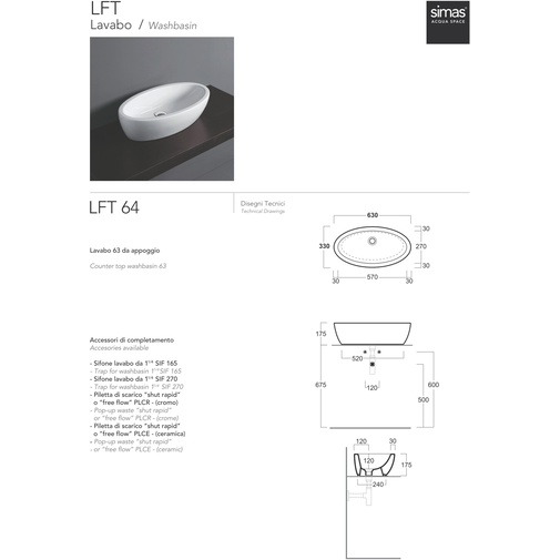 Modern oval countertop washbasin in white ceramic 63x33 cm - LFT, Simas
