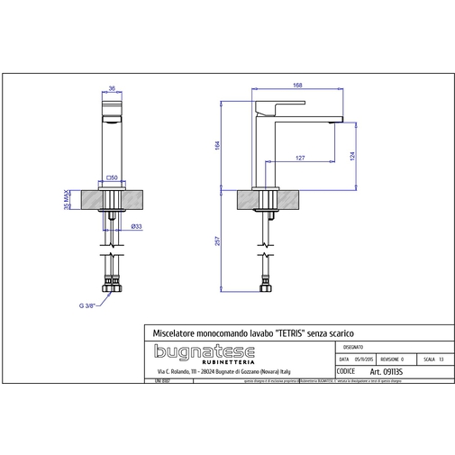 Modern squared basin mixer without waste kit - Tetris, Rubinetteria Bugnatese