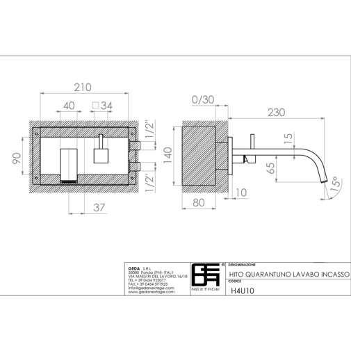 Modern style chromed built-in basin mixer with 23 cm spout - Hito Quarantuno, Geda