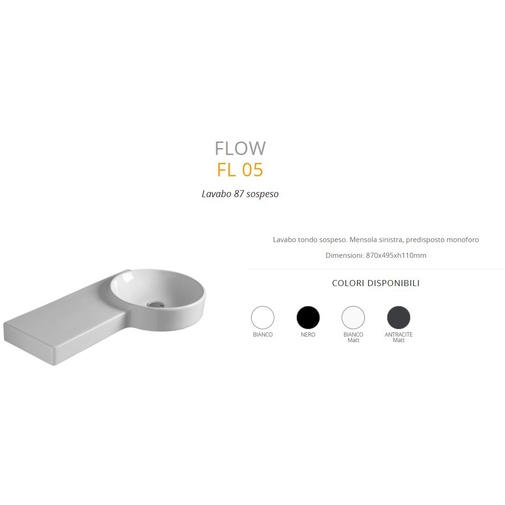 Modern style round wall-hung washbasin with left shelf in white ceramic 87 cm - Flow, Simas