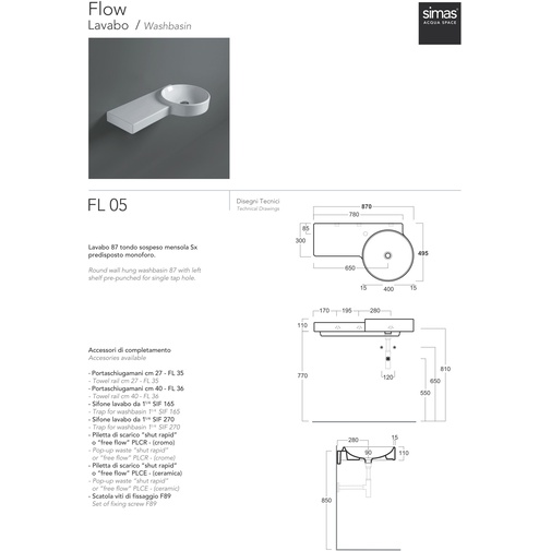 Modern style round wall-hung washbasin with left shelf in white ceramic 87 cm - Flow, Simas