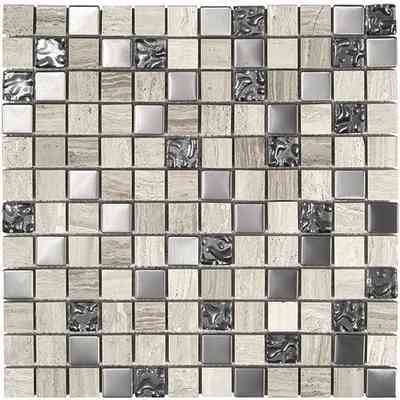 Mosaïque en marbre blanc bois avec inserts en acier 30x30 cm sol/mur - Wood Stone Style, Boxer