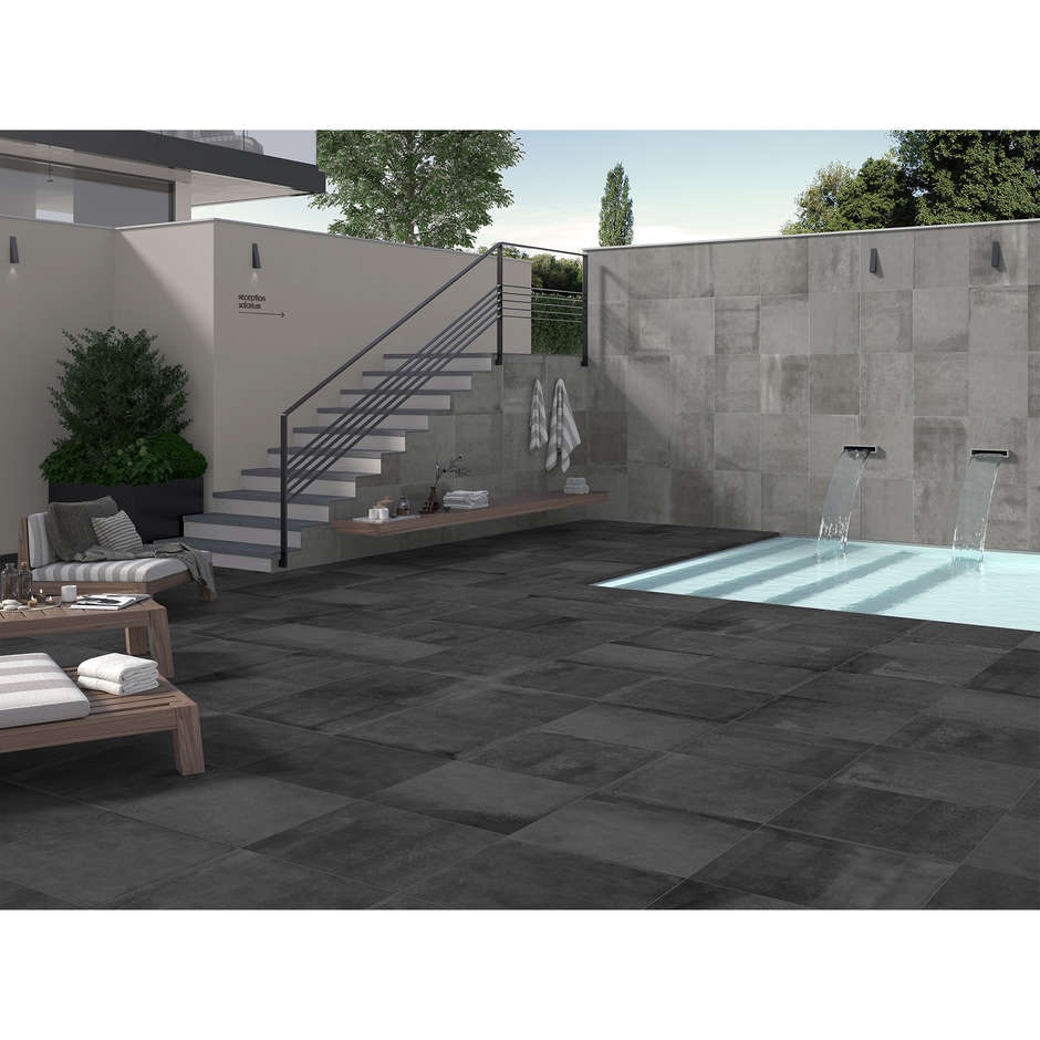 Outdoor anti-slip stoneware concrete effect Anthracite Out 60x60 Entropia, Dom Ceramiche