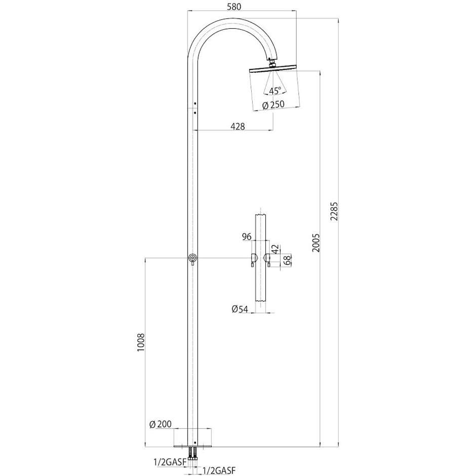 Outdoor shower column in stainless steel, with 20 cm diameter round shower head and hot/cold taps - Oki, Bossini