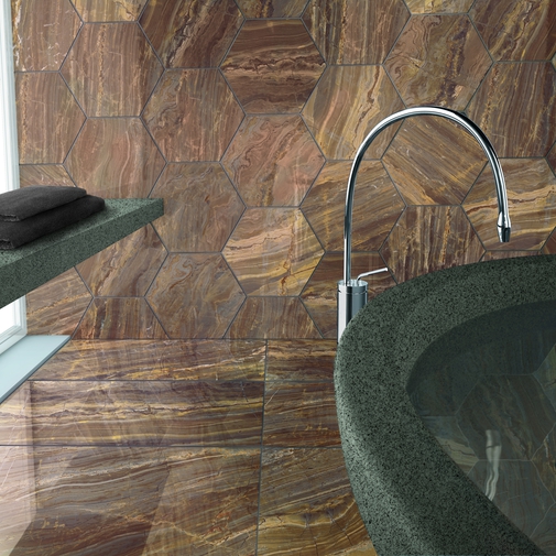 Piastrella elegante in gres porcellanato rettificato naturale effetto marmo colore Marrone Birimbau 29,5x118 cm - Marmoker, Casalgrande Padana