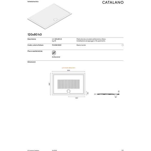 Piatto Doccia in ceramica 120x80 a basso spessore - Catalano