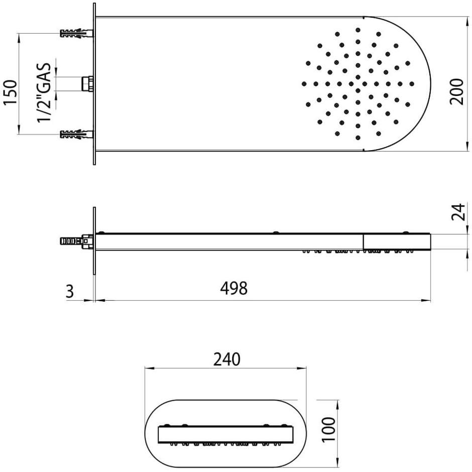 Pomme de douche murale rectangulaire arrondie, jet pluie, style moderne - Sidney/1, Bossini