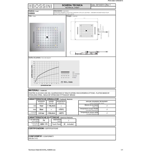 Pommeau de douche encastré au plafond, chromothérapie et quatre jets, 57x47 cm - Dream/4 led light, Bossini
