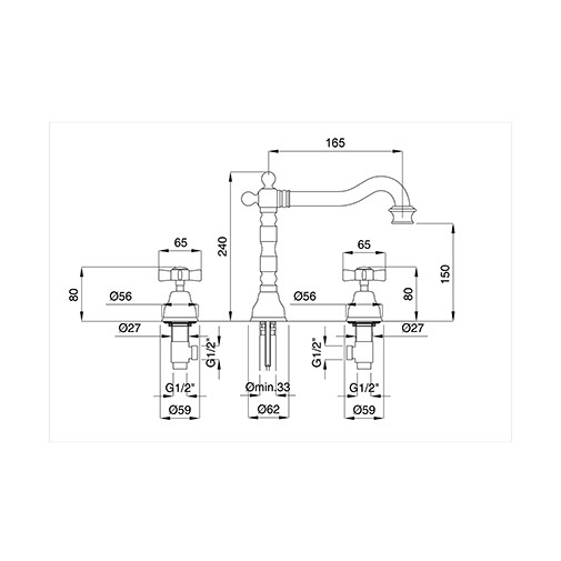 Princeton 812 Bugnatese chrome mitigeur lavabo 3 trous et manettes chaud/froid