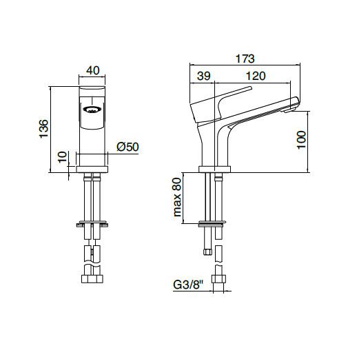 Quadratischer Design-Waschtischmischer, Chrom, ohne Ablaufgarnitur - Bamboo, Rubinetterie Treemme