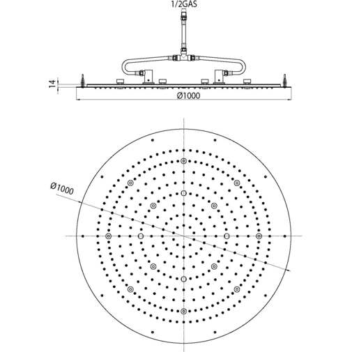 Recessed ceiling shower head with white led, diameter 100 cm - Dream XL, Bossini