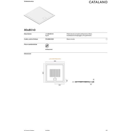 Receveur de douche 80x80 faible épaisseur - Catalano