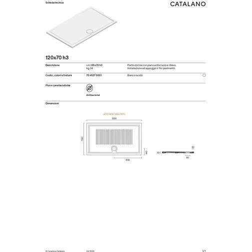 Receveur de douche en céramique de faible épaisseur 120x70 - Catalano