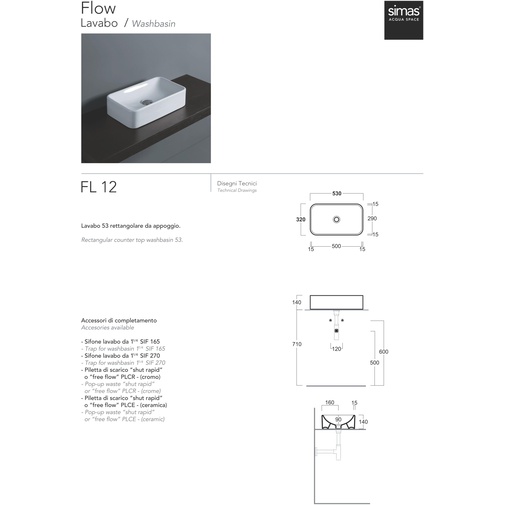Rectangular countertop washbasin in white ceramic 50 cm - Flow, Simas