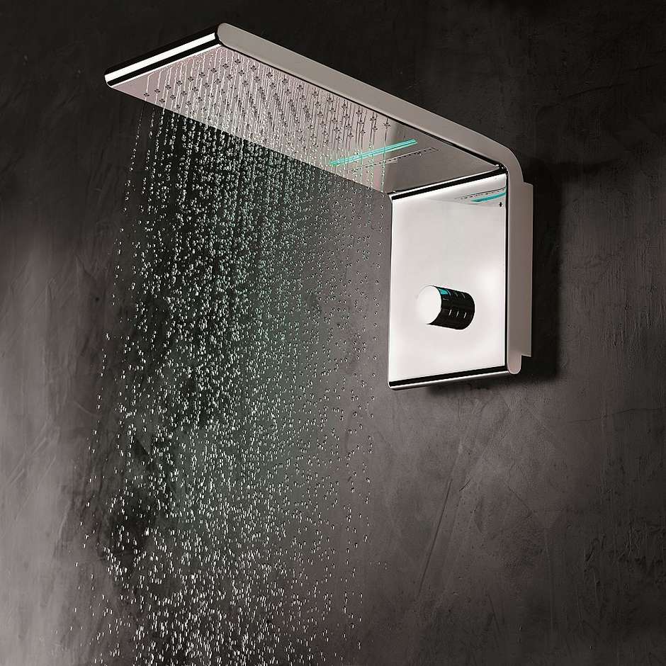 Rectangular wall-mounted shower head 20x45 cm, 3 jets, one of which is concentrated rain, chromotherapy, chrome - Syncro-Rain, Bossini