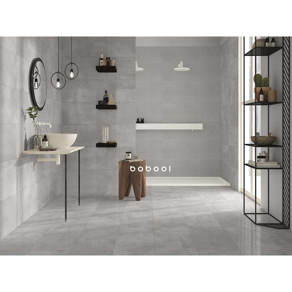 Rektifiziertes Feinsteinzeug mit Betonoptik, seidenmatt, 29,6x59,5 Silber - Uptown, Dom Ceramiche, silbergrau