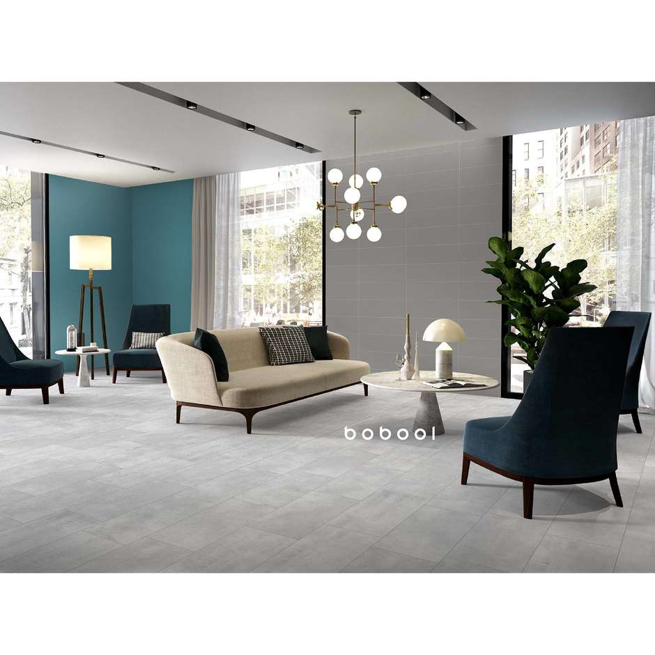 Rektifiziertes Feinsteinzeug mit Betonoptik, seidenmatt, 29,6x59,5 Silber - Uptown, Dom Ceramiche, silbergrau